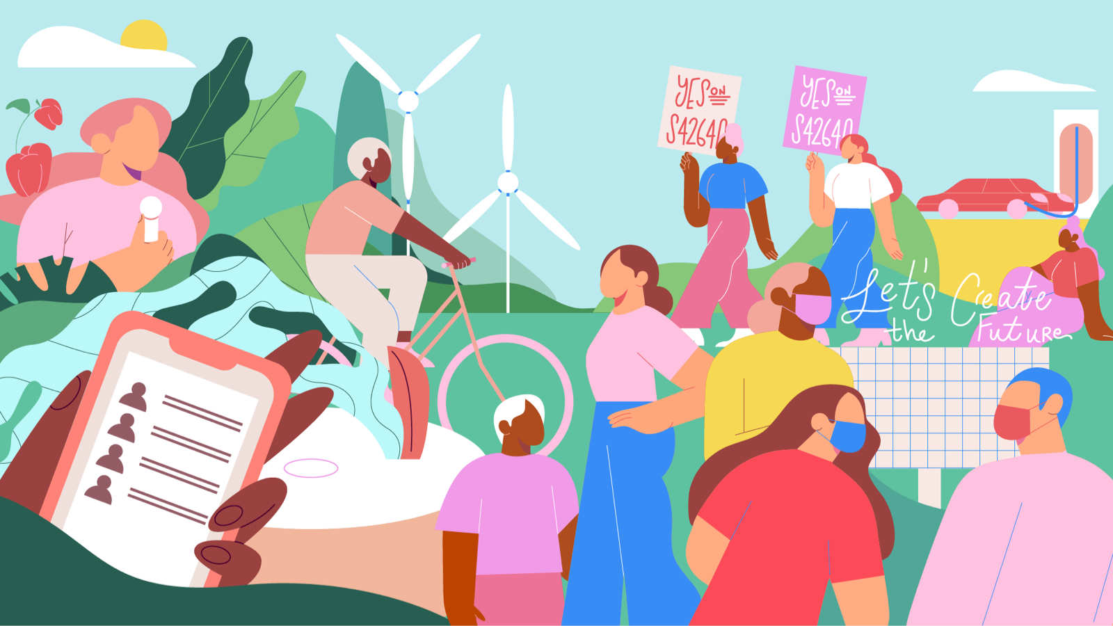 Outdoor scene of diverse people protesting, riding a bike, speaking to a group, sharing on social media, in a community garden, near windmills, and with an electric car.