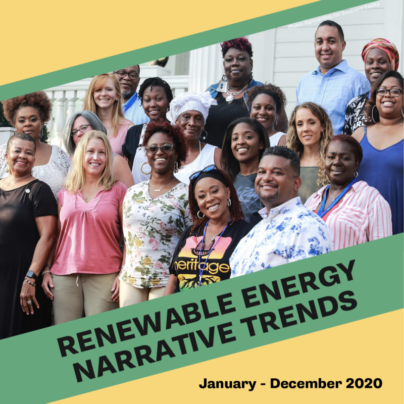 Cover of 2020 Renewable Energy Narrative Trends report with a group of mostly Black, smiling people