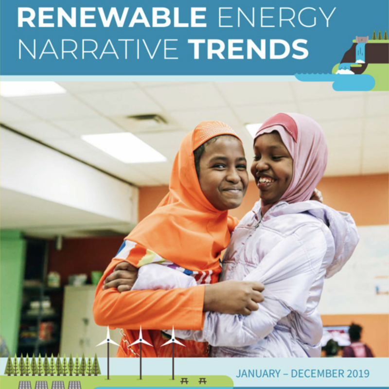 2019 Renewable energy narrative trends report cover with two young women smiling and hugging