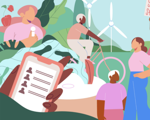 Illustration of people taking action about the climate crisis: connecting with media, riding a bike, protesting, in community gardens