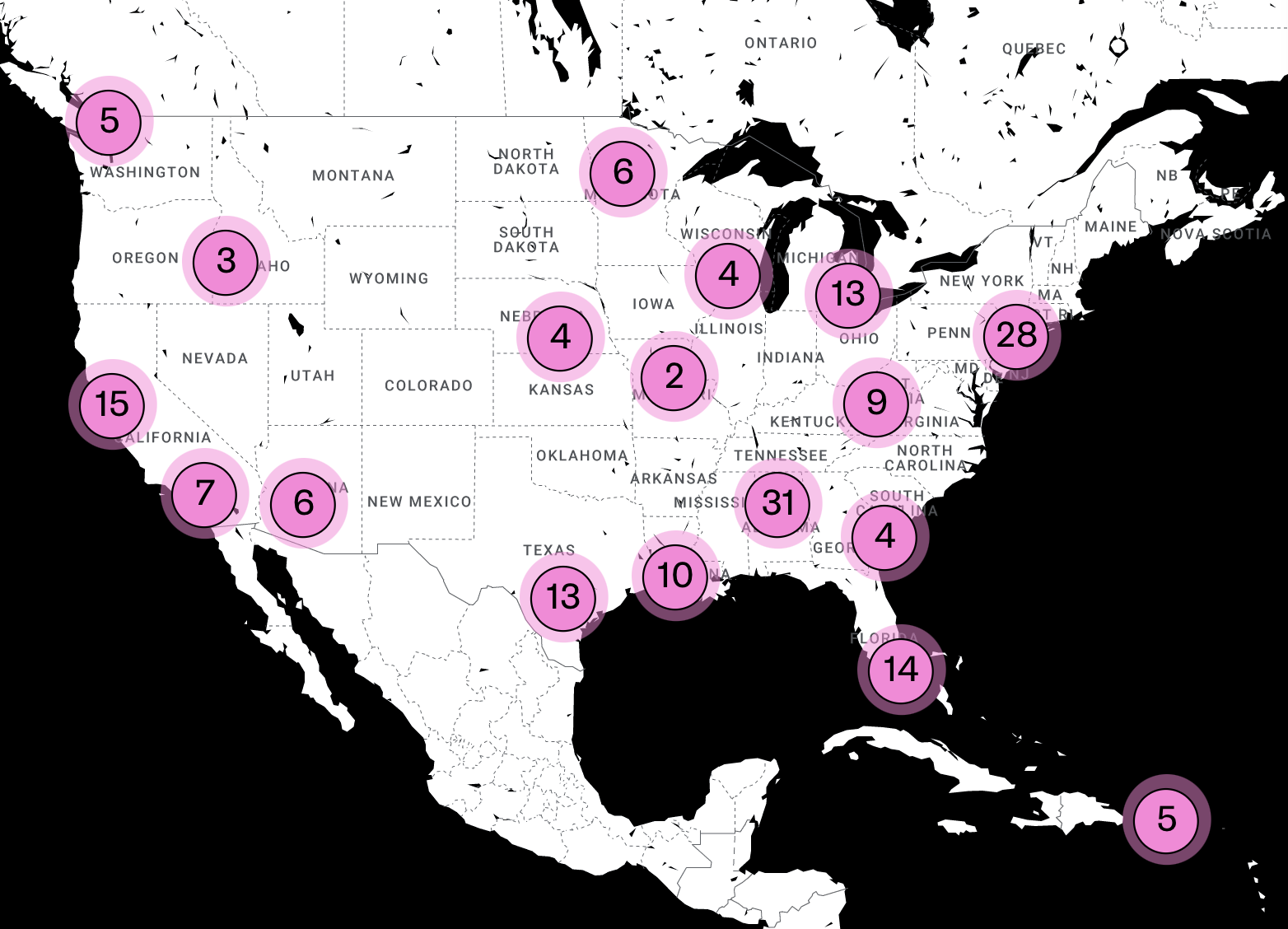 United States map with dots indicating location of grantee-partners