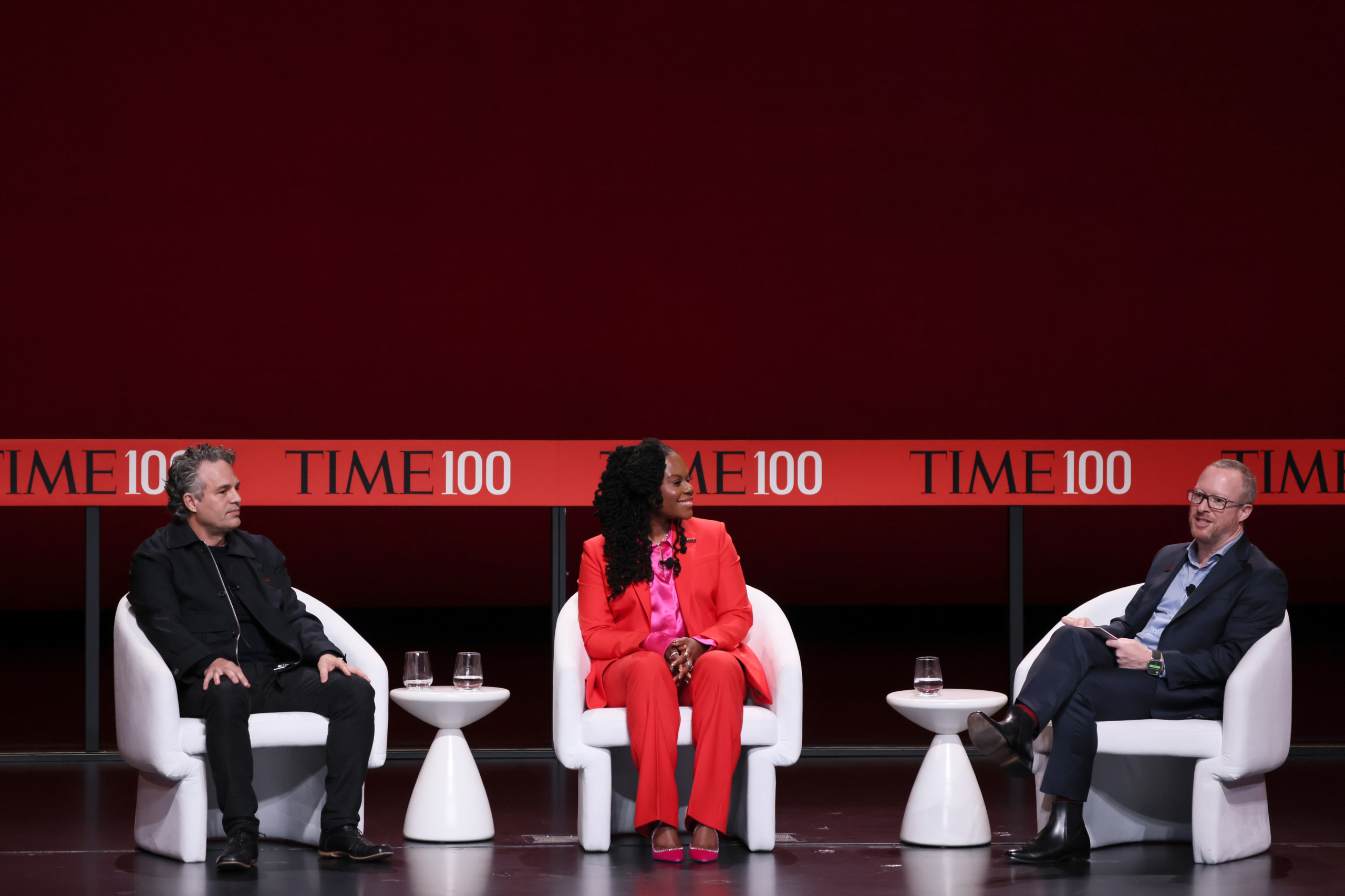 NEW YORK, NEW YORK - APRIL 25: Mark Ruffalo, Gloria Walton and Simon Mulcahy speak onstage at the 2023 TIME100 Summit at Jazz at Lincoln Center on April 25, 2023 in New York City. (Photo by Jemal Countess/Getty Images for TIME)