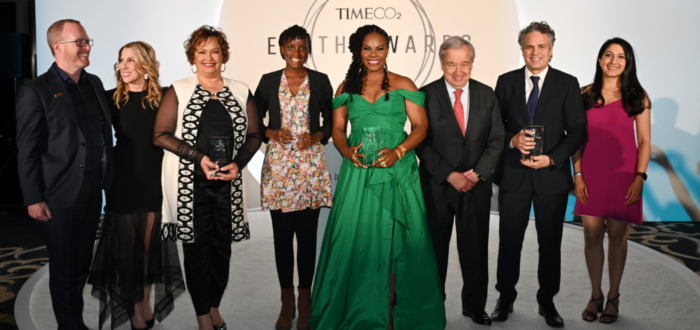 (L-R) Simon Mulcahy, Jess Sibley, Lisa P. Jackson, Vanessa Nakate, Gloria Walton, António Guterres, Mark Ruffalo, and Shyla Raghav attend the TIME CO2 Earth Awards Gala at Mandarin Oriental New York on April 25, 2023 in New York City.