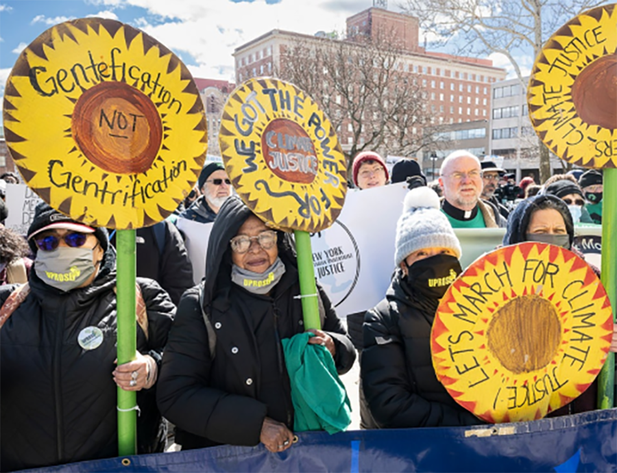 protesters outside with yellow sun flower signs